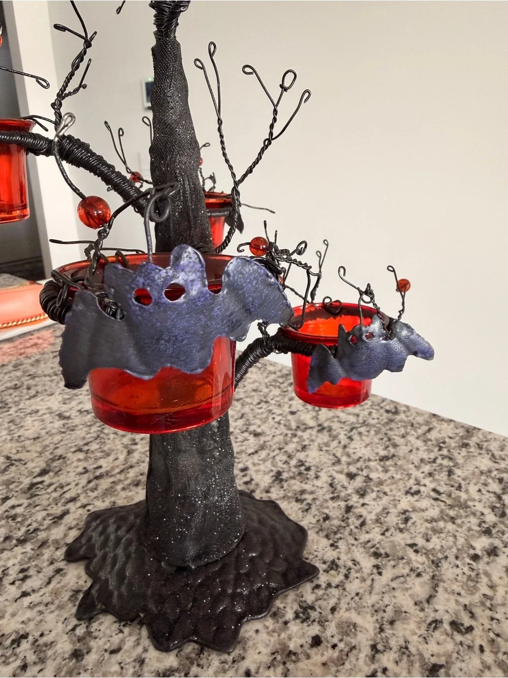 NEW Black Witches Hat Tree Votive Holder with Red Glass Cups & Bats - 17”x6”